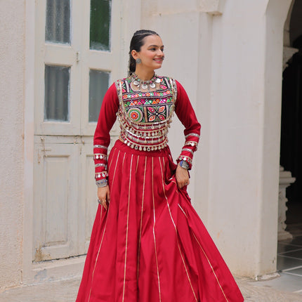 Lorenvalley Fashion Red Roman Silk with Attractive Gota-Patti Lace Lehenga Choli