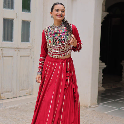Lorenvalley Fashion Red Roman Silk with Attractive Gota-Patti Lace Lehenga Choli