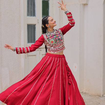 Lorenvalley Fashion Red Roman Silk with Attractive Gota-Patti Lace Lehenga Choli
