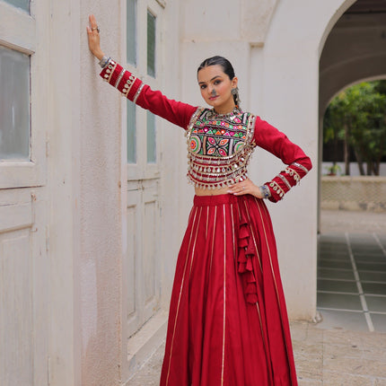 Lorenvalley Fashion Red Roman Silk with Attractive Gota-Patti Lace Lehenga Choli