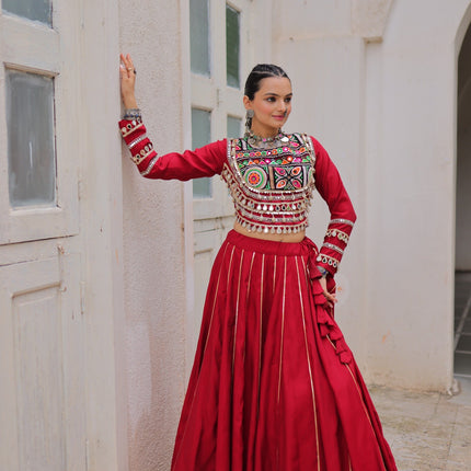 Lorenvalley Fashion Red Roman Silk with Attractive Gota-Patti Lace Lehenga Choli
