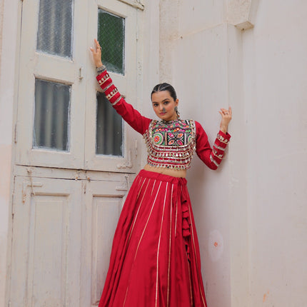Lorenvalley Fashion Red Roman Silk with Attractive Gota-Patti Lace Lehenga Choli