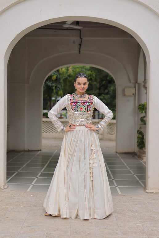 Lorenvalley Fashion White Roman Silk with Attractive Gota-Patti Lace Lehenga Choli