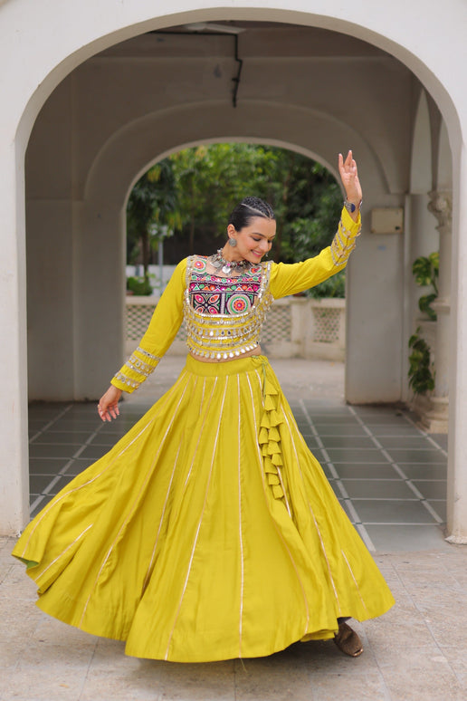 Lorenvalley Fashion Yellow Roman Silk with Attractive Gota-Patti Lace Lehenga Choli