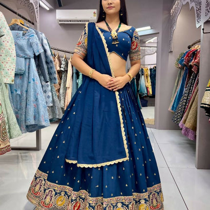 Aastha Fashion Rama Roman Silk Embroidery Thread / Zari / Sequence Work Semi Stitched Wedding Wear Lehenga Choli