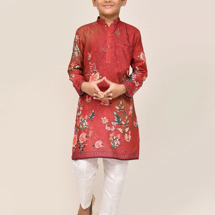 Joban Fashion Cotton Red Kurta With Straight Fit Pant