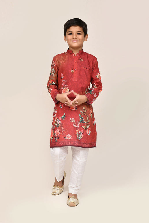 Joban Fashion Cotton Red Kurta With Straight Fit Pant