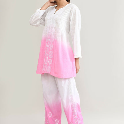 Joban Fashion Womens Cotton ChikanKari Pink & White Cord set