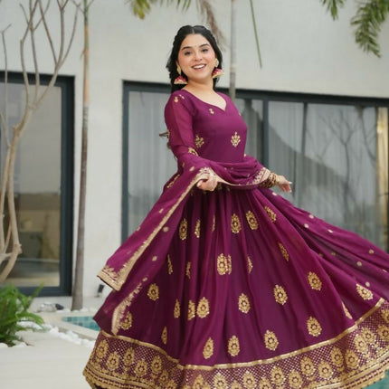 Aastha Fashion Wine Star Georgette Embroidery Zari Sequins-work Party Wear Designer Gown