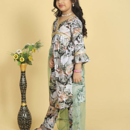 Divine Drape Girls Roman Slub Grey Printed Straight Kids Kurta Pant With Dupatta