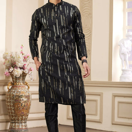 Raivat Ethnic Men's Art Silk Thread Work Kurta Pyjama In Black Colour