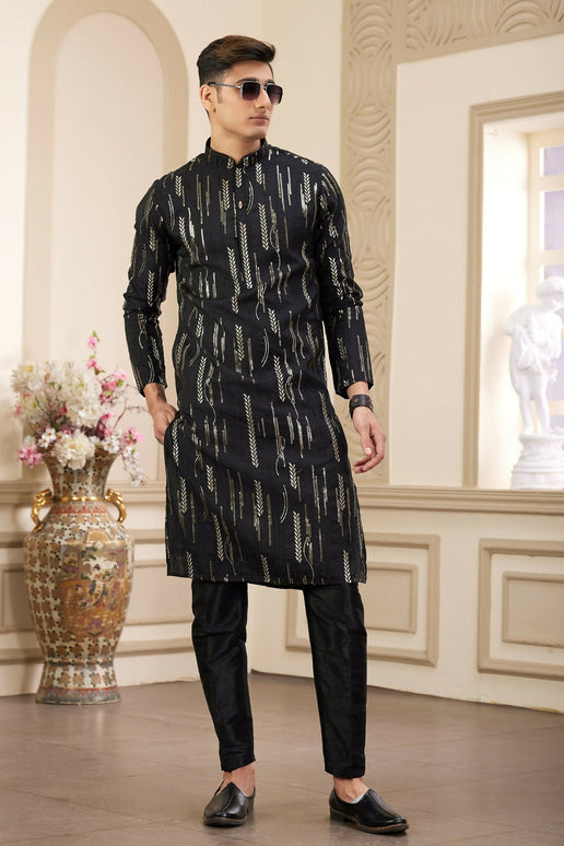 Raivat Ethnic Men's Art Silk Thread Work Kurta Pyjama In Black Colour
