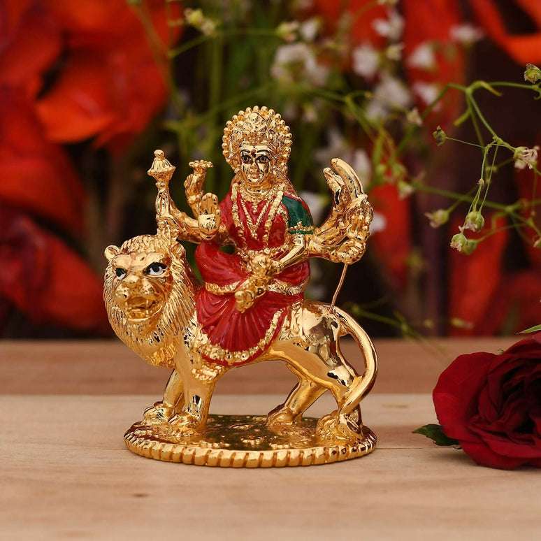 Collectible India Gold-Polished Goddess Maa Durga Sherawali Mata Idol