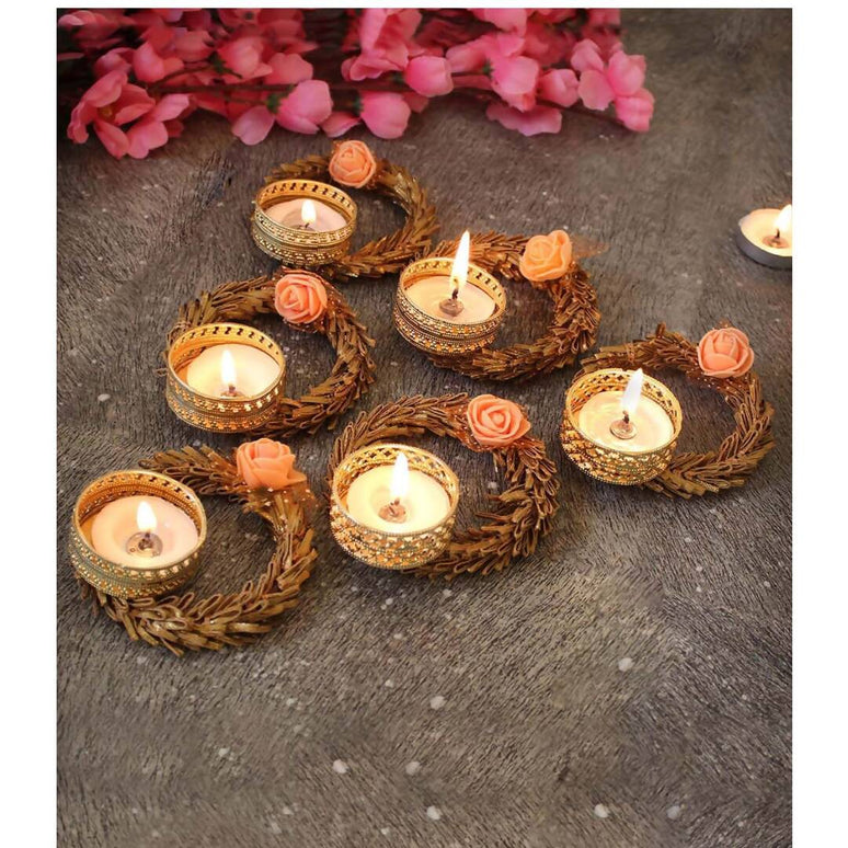 Tied Ribbons Set Of 6 Multicoloured Decoartive Artificial Flower Tealight Candle Holder