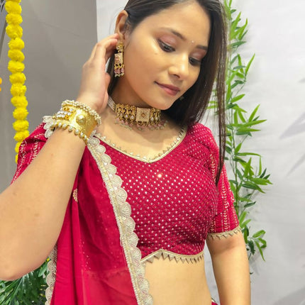 Aastha Fashion Rani Pink Heavy Georgette Heavy Embroidery+ Sequence +Ready Lace Semi Stitched Wedding Wear Lehenga Choli