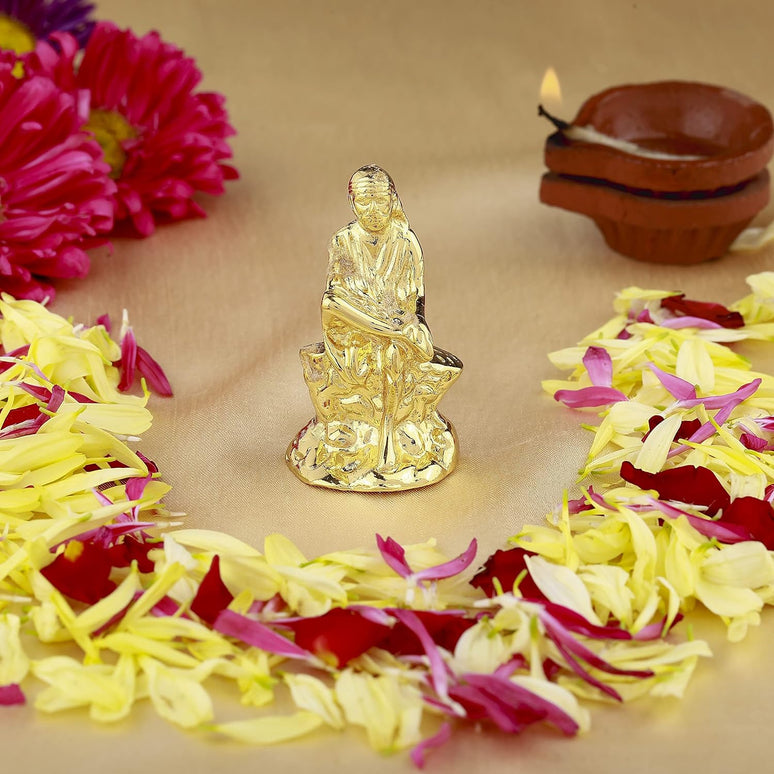Estele Gold-Polished Divine Sirdi Sai Baba Idol for Pooja/Gifts/Car decor