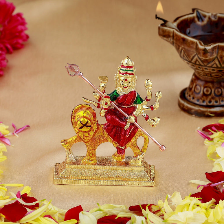 Estele Gold-Polished Sherawali Durga Ma Idol with multi-color Stone Type:Enamel for Pooja & Car decor