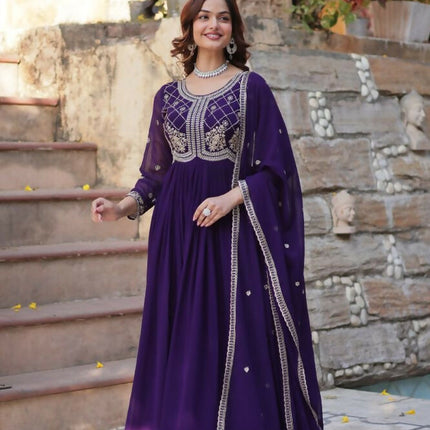 Aastha Fashion Purple Faux Blooming Sequins-Multi & Beads Embroidered Work Party Wear Designer Gown