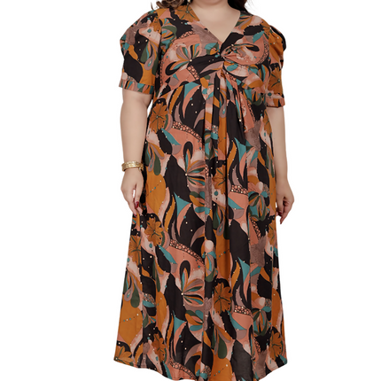 Miravan Womens Plus Size Pure Cotton Black Puff Sleeve Floral Printed Butterfly Maxi Dress