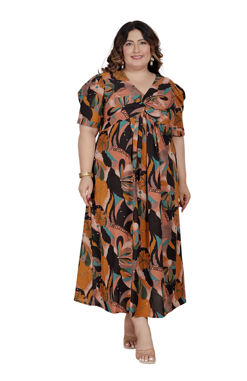 Miravan Womens Plus Size Pure Cotton Black Puff Sleeve Floral Printed Butterfly Maxi Dress