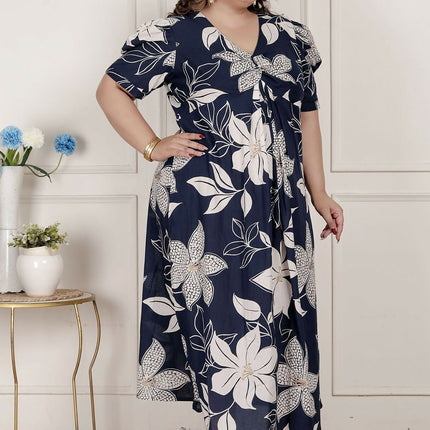 Miravan Womens Plus Size Blue Flower Printed Puff Sleeve Cotton Butterfly Maxi Dress