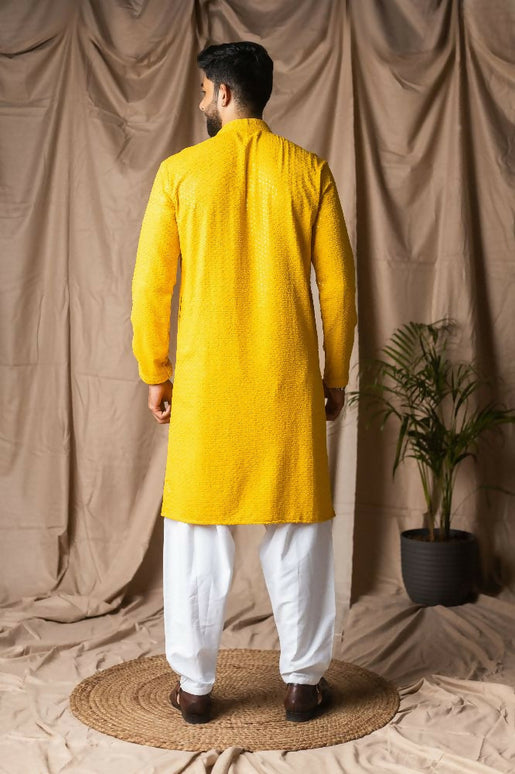 Light Yellow Rayon Thread Embroidery Work Kurta Set - Mahotsav