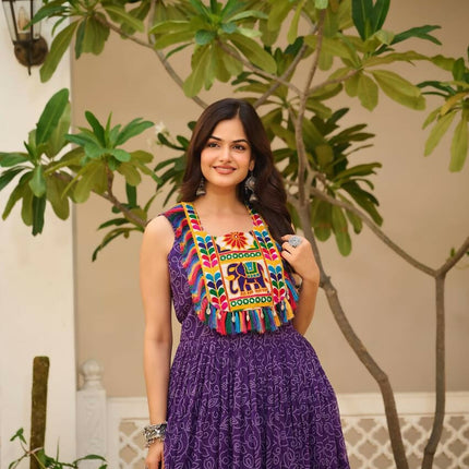 Aastha Fashion Purple Faux Georgette Bandhani Print Navratri Designer Gown Collection