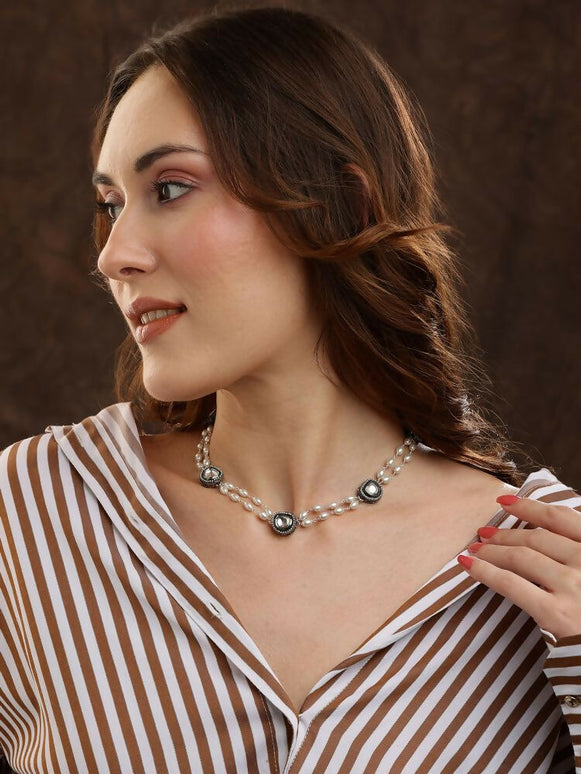 Rhodium Plated Kundan Necklace - Ruby Raang