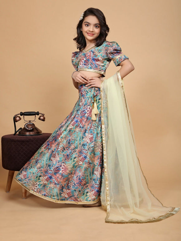 Divine Drape Girls Chinon Multi Printed Kids Lehenga Choli With Dupatta
