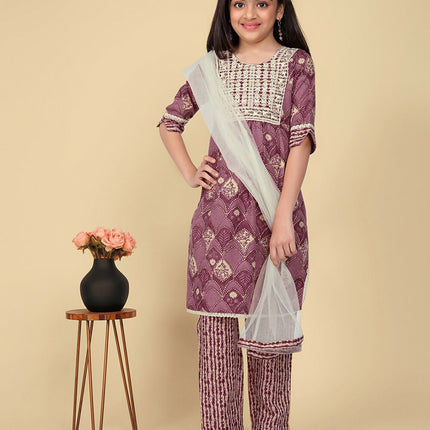Divine Drape Girls Poly Cotton Purple Embroidered Straight Kids Kurta Pant With Dupatta