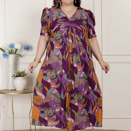 Miravan Womens Plus Size Floral Print Puff Sleeve Pure Cotton Magenta Butterfly Maxi Dress