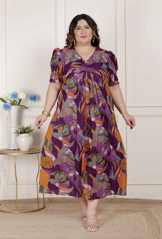 Miravan Womens Plus Size Floral Print Puff Sleeve Pure Cotton Magenta Butterfly Maxi Dress