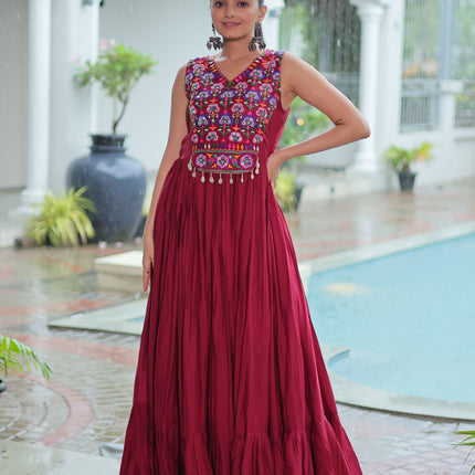 Lorenvalley Fashion Maroon Rayon Kutchi Gamthi Thread Embroidered & mirror Work Gown