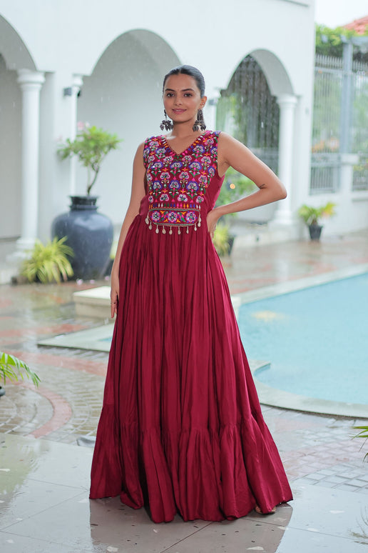Lorenvalley Fashion Maroon Rayon Kutchi Gamthi Thread Embroidered & mirror Work Gown