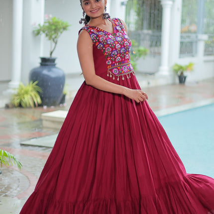 Lorenvalley Fashion Maroon Rayon Kutchi Gamthi Thread Embroidered & mirror Work Gown