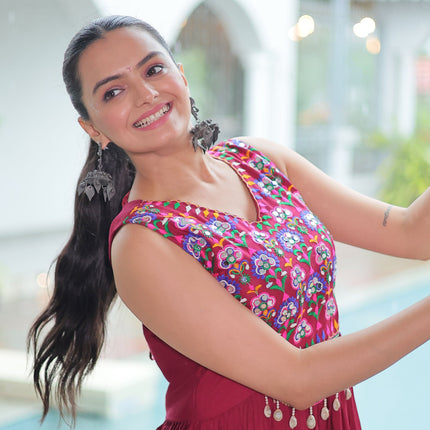 Lorenvalley Fashion Maroon Rayon Kutchi Gamthi Thread Embroidered & mirror Work Gown