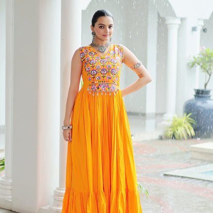 Lorenvalley Fashion Yellow Rayon Kutchi Gamthi Thread Embroidered & mirror Work Gown