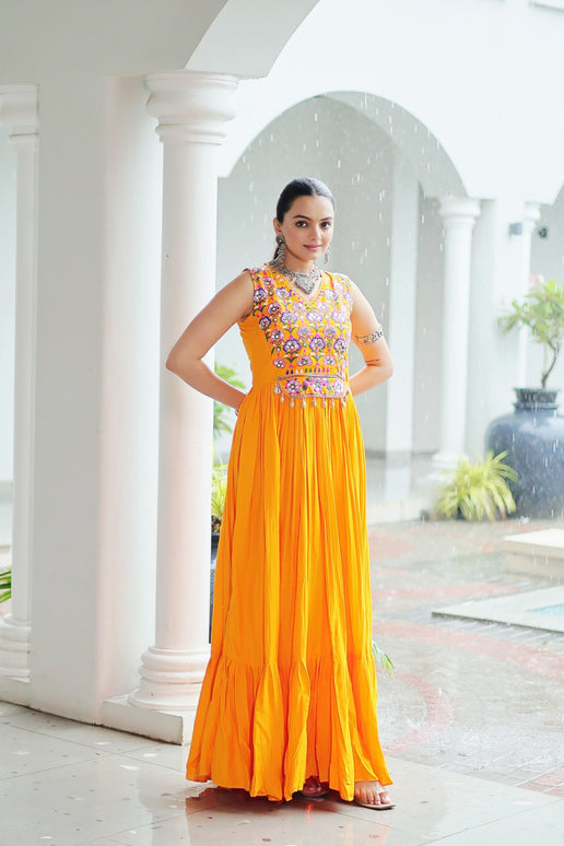 Lorenvalley Fashion Yellow Rayon Kutchi Gamthi Thread Embroidered & mirror Work Gown