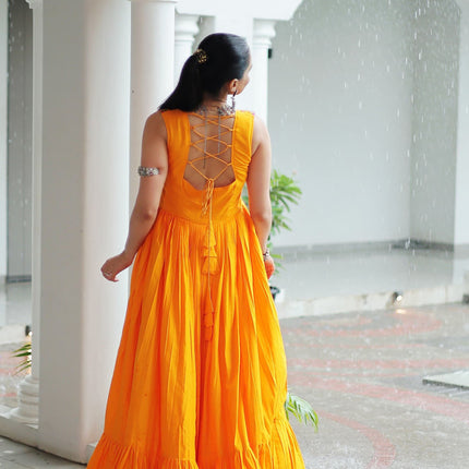 Lorenvalley Fashion Yellow Rayon Kutchi Gamthi Thread Embroidered & mirror Work Gown