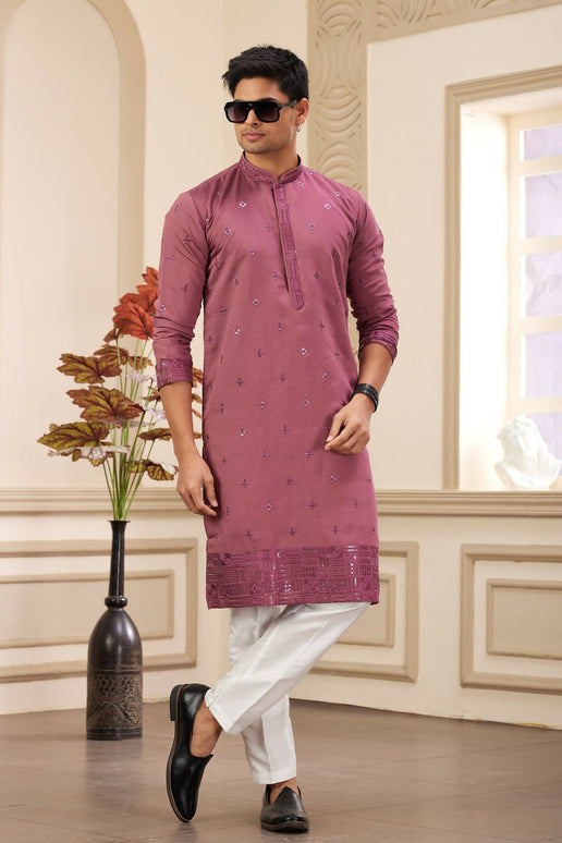 Raivat Ethnic Men's Art Silk Thread Work Kurta Pyjama In Mauve Colour