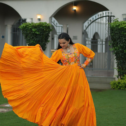 Aastha Fashion Yellow Rayon Party Wear Designer Gown Collection