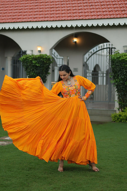 Aastha Fashion Yellow Rayon Party Wear Designer Gown Collection