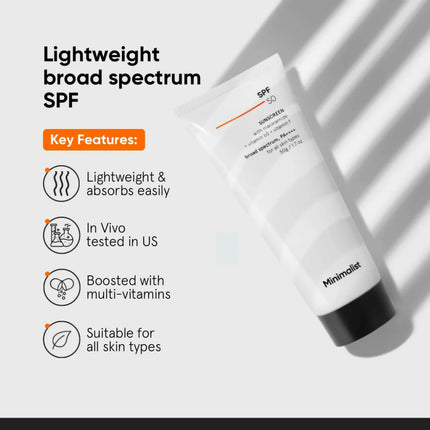 Minimalist Sunscreen SPF 50 PA++++ With Multi-Vitamin For Reducing Photoaging & No White Cast - 50 gm