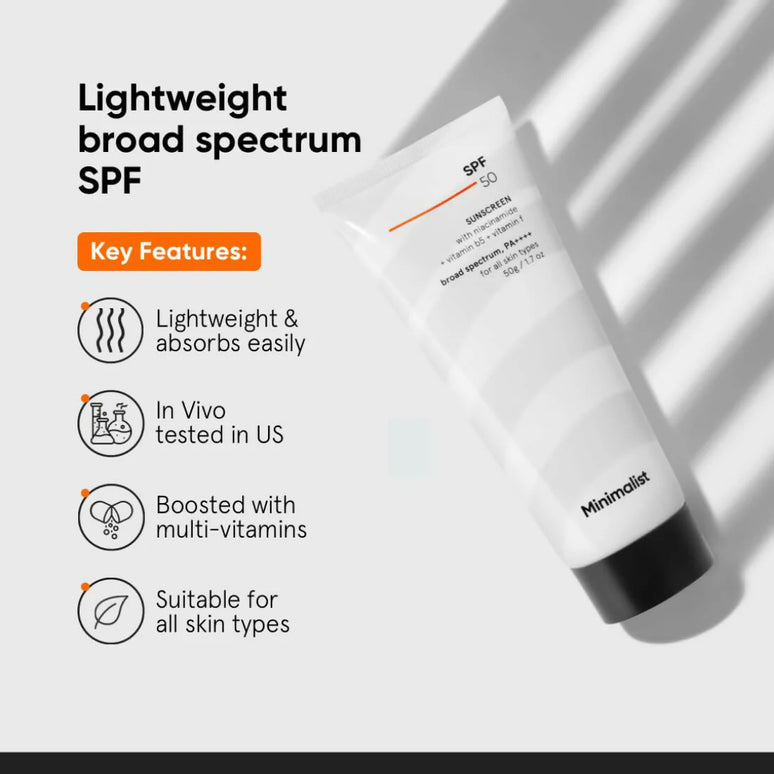 Minimalist Sunscreen SPF 50 PA++++ With Multi-Vitamin For Reducing Photoaging & No White Cast - 50 gm