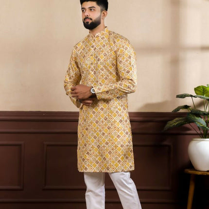 Mustard Art Silk Digital Printed, Embroidery Work Kurta Set - Mahotsav