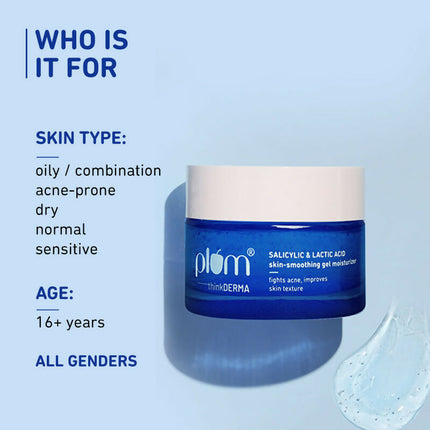 Plum Salicylic & Lactic Acid Skin-Smoothing Gel Moisturizer - For Active Acne & Oil-Free Hydration