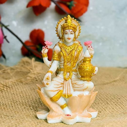 Soni Craft Handmade Poly Resin Lakshmi Ji Sculpture Sitting On Lotus Statue