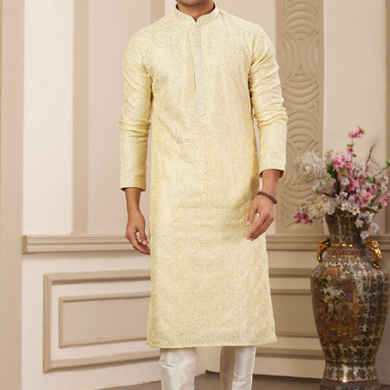 Raivat Ethnic Men's Art Silk Thread Work Kurta Pyjama In Yellow Colour