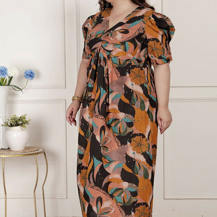 Miravan Womens Plus Size Pure Cotton Black Puff Sleeve Floral Printed Butterfly Maxi Dress