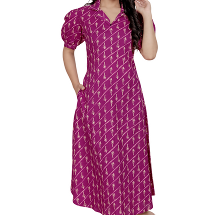 Miravan Womens Magenta Floral Printed Cotton Dress With One Side Pocket